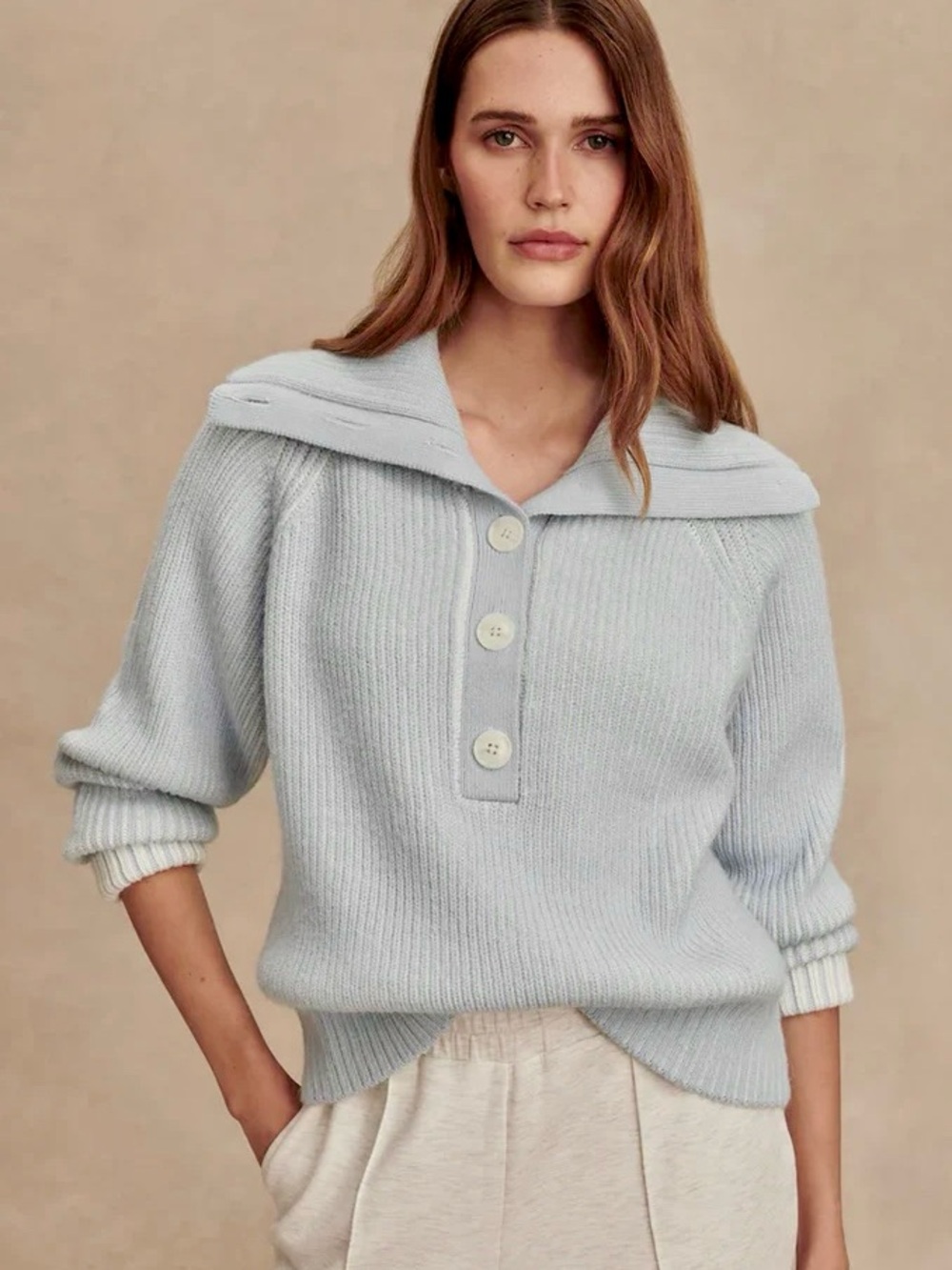 Anthropologie Varley Filey Collared Sweater Light Blue Ribbed Knit Button Collar